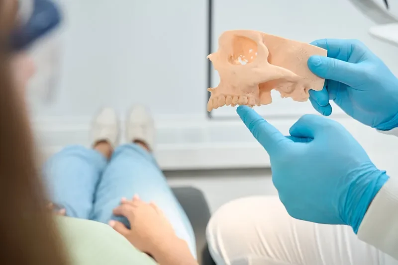 dentist-pointing-at-a-jawbone-model-to-a-dental-patient